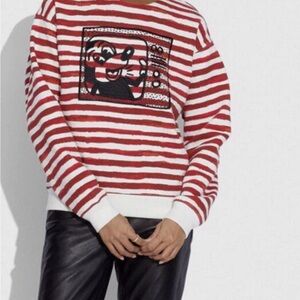 Coach Red and White Striped Graphic Crewneck Sweatshirt